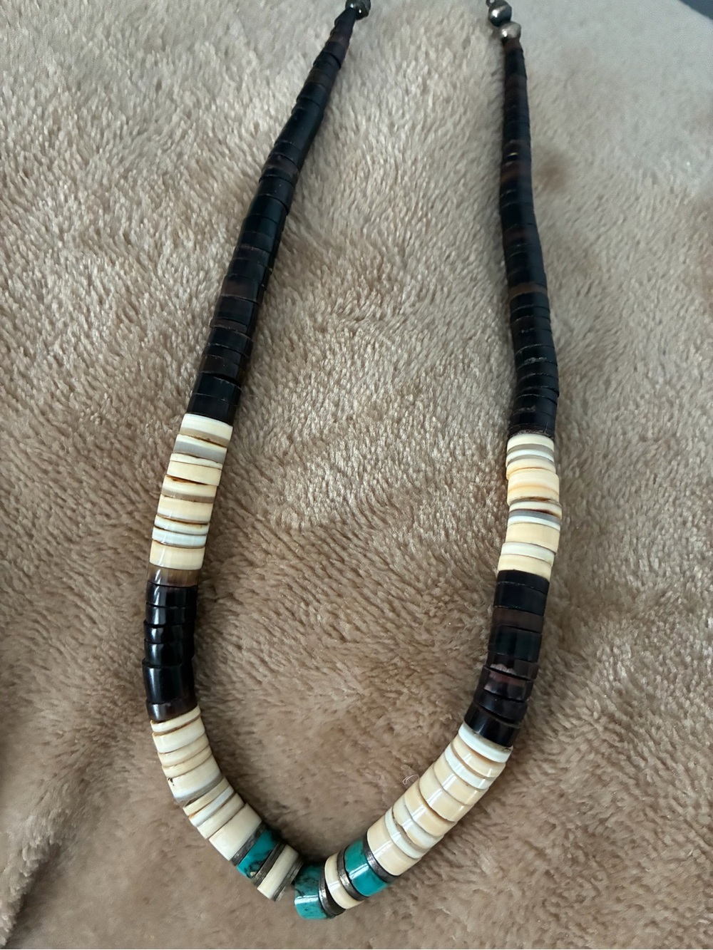 Boho Heishi Necklace in Cream, Dark Brown and Turquoise
